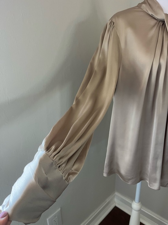 White House Black Market Taupe/Beige Tie-Neck Blouse - Picture 4 of 10